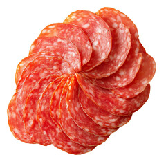 Thinly sliced salami arranged neatly isolated on a transparent background