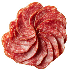 Thinly sliced salami arranged neatly isolated on a transparent background