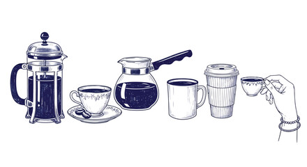Vector art of a collection of coffee brewing methods and cups in a vintage style drawing perfect for menu design and cafe decoration