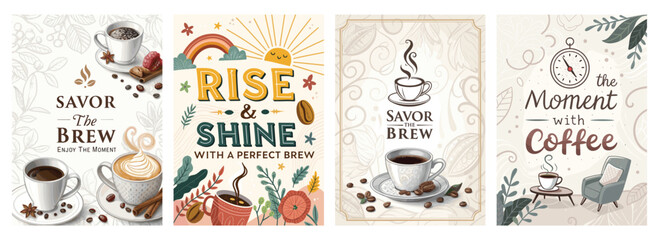 A collection of four artistic coffee illustrations celebrating moments with coffee in a vibrant, cozy setting.