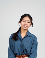 Fototapeta premium Portrait of a smiling asian woman in a blue denim shirt against a white background