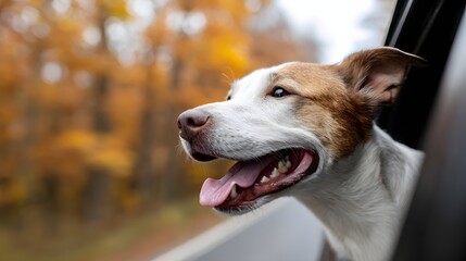 Obraz premium Dog with head out of car window during autumn drive Generative AI