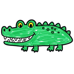 Obraz premium Colorful cartoon crocodile with green body and yellow eyes on transparent background