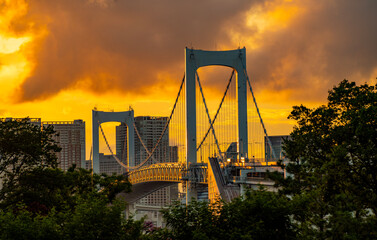 Rainbow bridge at dusk in Tokyo