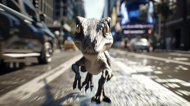 baby dinosaur in the street, AI generated video