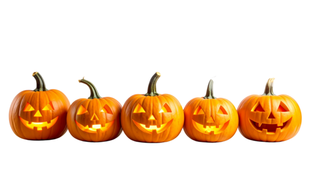 An orange carved Halloween jack-o-lantern pumpkin with a scary face In a row isolated on a white background