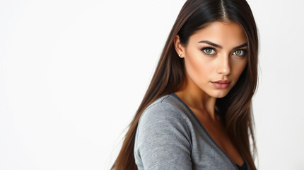 Naklejka premium Smiling young plus-size brunette model with beautiful eyes and makeup looking at the camera