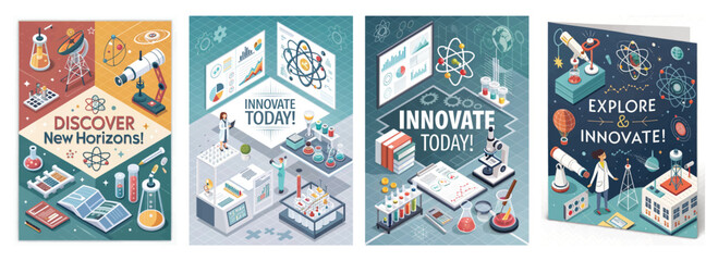 Colorful illustrations promoting science and innovation with various lab equipment and scientific themes.