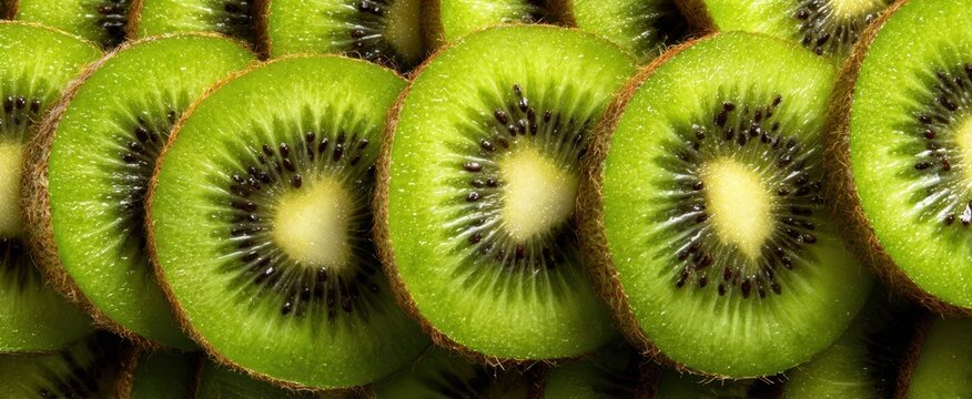The Kiwi Slices Arranged in Vibrant Closeup Showing Seeds and Texture - Powered by Adobe