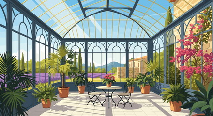 Botanical Sanctuary: A Tranquil Sunlit Conservatory with Flowering Flora