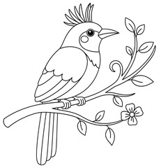 Cartoon bird perched on a decorative branch with a single flower and leaves, illustrated in black and white line art style. Ideal for coloring pages, kids’ activities, and creative projects