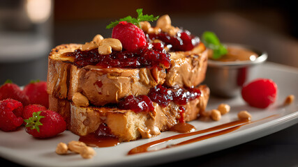 Ultra HD A gourmet peanut butter and jelly sandwich dessert, featuring layers of creamy peanut butter, sweet jelly, fresh raspberries, and crunchy peanuts, drizzled with syrup