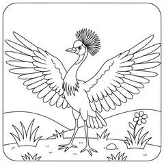 Detailed line art illustration of a crowned crane bird standing proudly with wings wide open in a grassy landscape, perfect for coloring books, wildlife art, and creative design projects