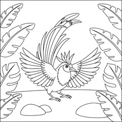 Cartoon-style exotic bird spreading its wings wide among tropical plants and rocks in a jungle setting. Black and white line art illustration perfect for kids’ coloring pages, printable art