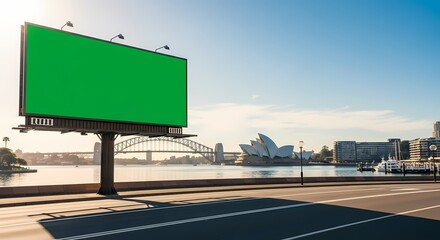 Fototapeta premium A blank green screen billboard for advertising stands by a road with the Sydney, Australia skyline, including the Opera House and Harbour Bridge, in the background.