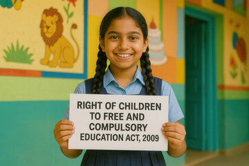 Child advocating for education rights school classroom awareness campaign colorful environment portrait view empowerment message