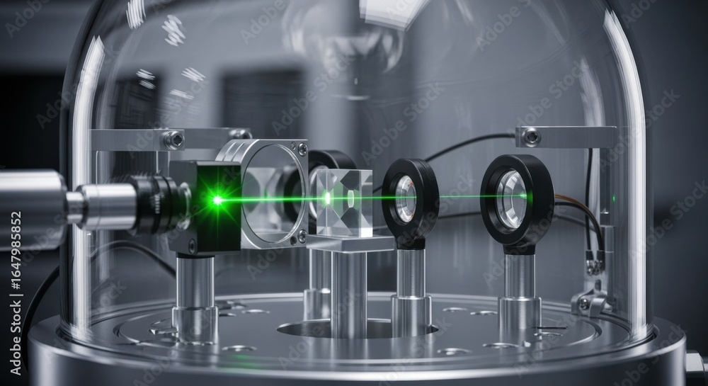 Poster macro image of laser beam passing through optical elements inside vacuum chamber setup tailored for 