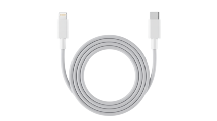 White USB- C to Lightning Charging Cable Coiled on White Background USB-C Apple cable isolated on a transparent background