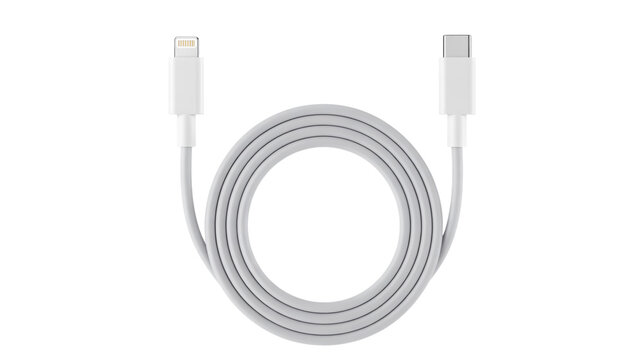 White USB- C to Lightning Charging Cable Coiled on White Background USB-C Apple cable isolated on a transparent background