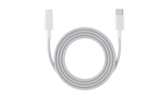 White USB- C to Lightning Charging Cable Coiled on White Background USB-C Apple cable isolated on a transparent background