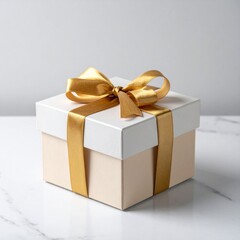 Square Gift Box with Golden Ribbon on Marble Table in Neutral Tone Background