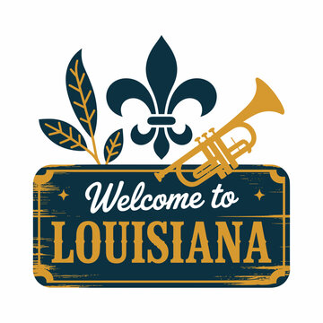 Rustic Welcome to Louisiana Sign with Fleur-de-Lis and Trumpet