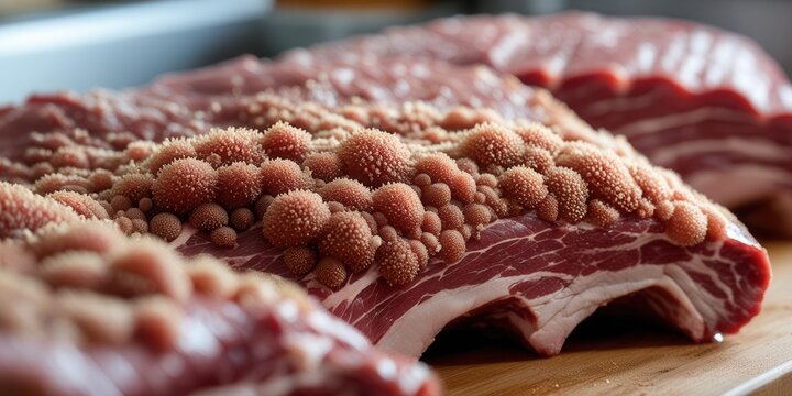 Examining spoiled meat samples in a kitchen setting food photography close-up view culinary insights