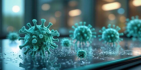 Examining covid-19 virus cells under a microscope laboratory setting scientific visualization close-up view healthcare research