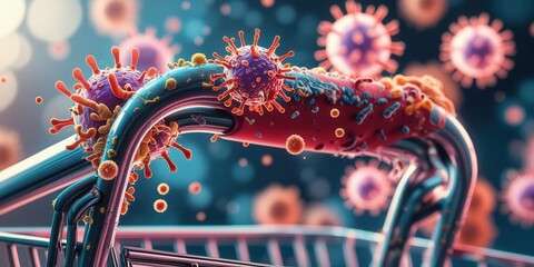 Contaminated shopping cart supermarket digital illustration pandemic environment macro view public health awareness