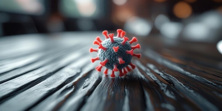 Covid-19 virus illustration on wooden table scientific analysis high-detail render indoor setting macro view health awareness