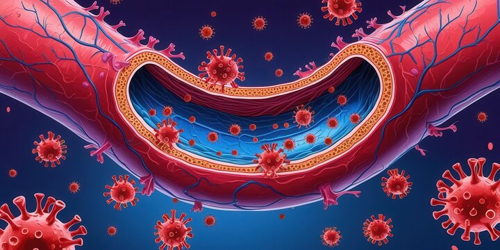 Covid-19 virus impact on blood vessels medical illustration human body scientific visualization detailed view health awareness