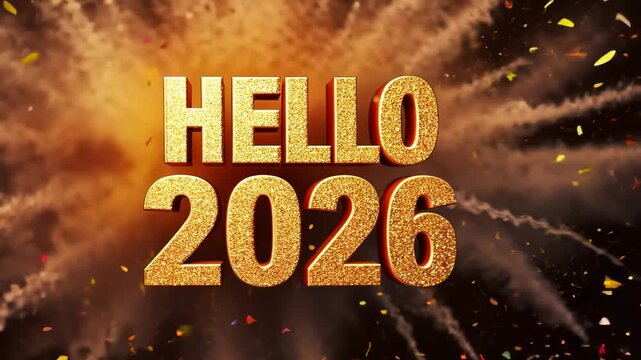 Golden "hello 2026" celebration with glittering confetti explosions