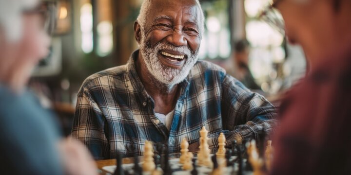 An older Black man laughs heartily while playing chess with a younger woman. They are seated at a wooden table in a warmly lit cafe. A third person, an older white woman