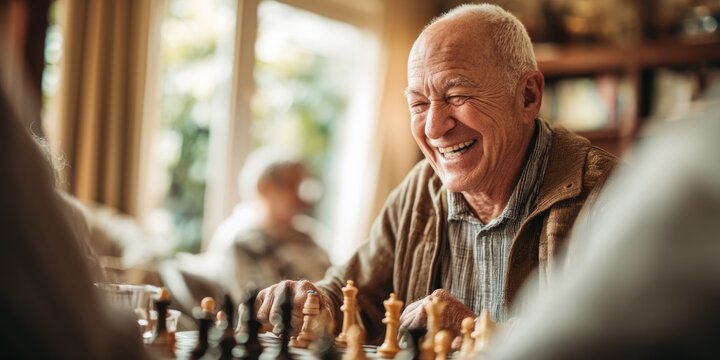 An elderly man, with a warm smile and gray hair, intensely focuses on a chess game. He - Powered by Adobe