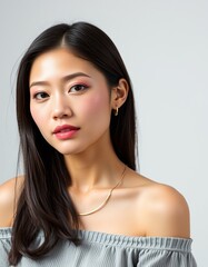 Portrait of an asian woman with pink makeup and off the shoulder top looking forward