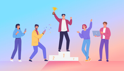 Fototapeta premium Happy office workers celebrating victory colorful vector illustration