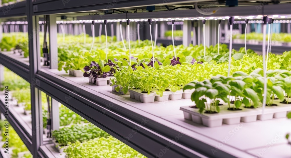 Poster rows of young seedlings growing on a vertical farm automation platform with precision nutrient deliv