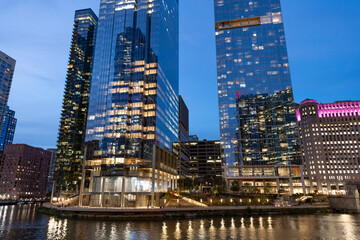 Skyscraper cityscape. Night city of Chicago. Business city. Night cityscape of Chicago skyscraper...