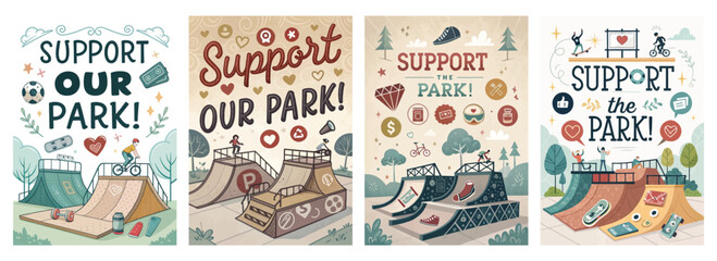 Colorful illustrations advocating for park support with various activities and symbols of community engagement.