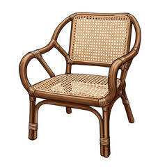 Of wicker rattan armchair with woven seat and back, isolated on transparent background