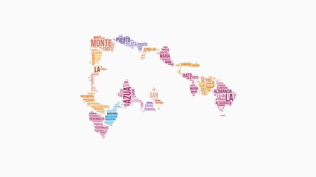 Dominican Republic regions word cloud animation. Country logo animated video. Dominican Republic colored text cloud. Regions typography style motion graphics. Stylish video.