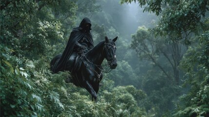 Mysterious rider in dark cloak traversing a dense, foggy forest at twilight