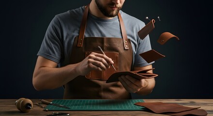 Artisan crafting leather products A detailed shot of a craftsman at work with precision