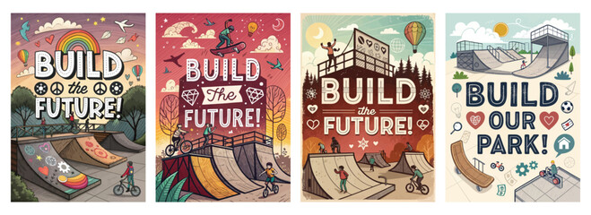Colorful posters advocating for community parks and skateboarding, showcasing diverse activities and joyful interactions.