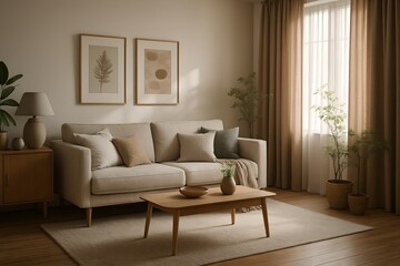 Neutral Living Room with Beige Sofa Natural Light Wooden Accents and Earthy Decor Creates a Calming Aesthetic