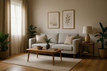 Cozy Living Room with Neutral Tones, Natural Light, and Minimalist Art Prints Creating a Calm and Inviting Atmosphere