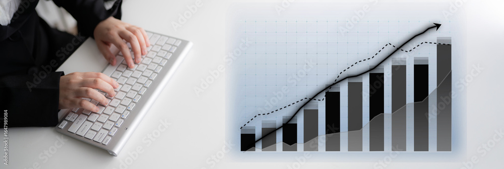Poster hands typing on a keyboard next to a growth chart in a modern office setting. captures the essence o