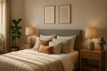 Serene Bedroom Interior with Neutral Tones and Natural Light Accentuating Comfortable Furnishings and Decor