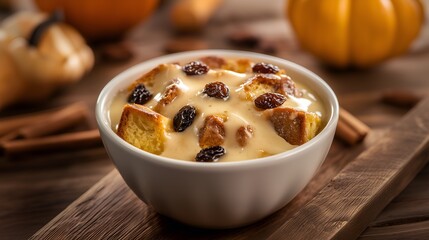 Pumpkin bread pudding with vanilla sauce, served in a white bowl. Perfect for seasonal dessert menus and cozy autumn recipe collections.