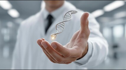Man scientist showing 3D DNA structure. Doctor holding genome model. Engineering and genetic research. Medicine and healthcare footage. - Powered by Adobe